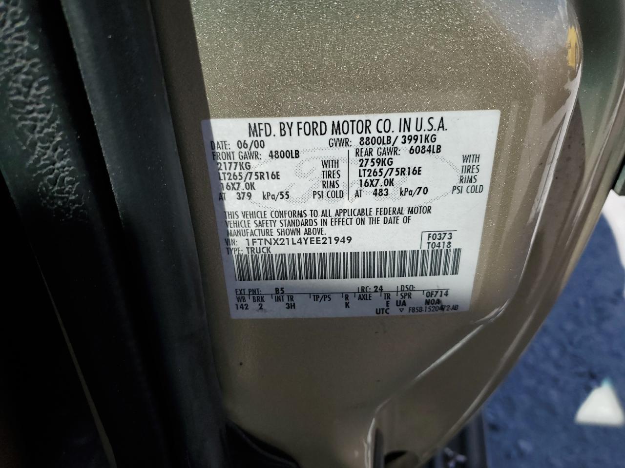 2000 Ford F250 Super Duty VIN: 1FTNX21L4YEE21949 Lot: 82649145