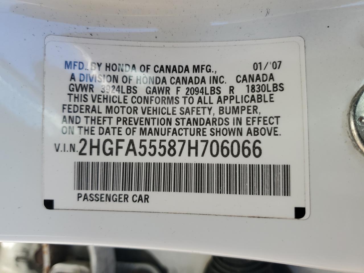 2007 Honda Civic Si VIN: 2HGFA55587H706066 Lot: 82170945