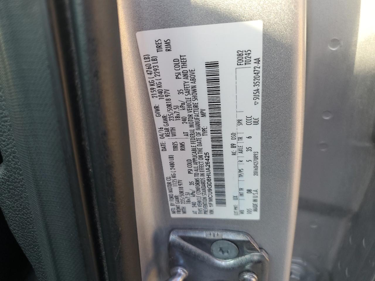 2017 Ford Escape Se VIN: 1FMCU9GD8HUA26425 Lot: 85579395