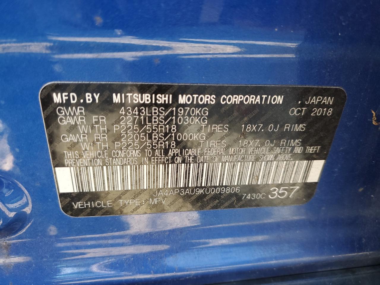 2019 Mitsubishi Outlander Sport Es VIN: JA4AP3AU9KU009806 Lot: 82188375