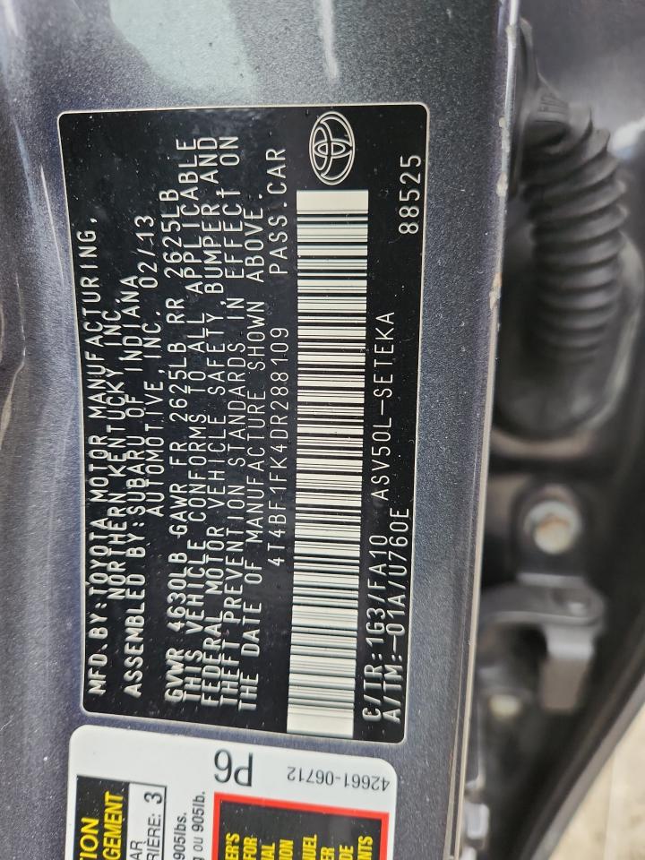 2013 Toyota Camry L VIN: 4T4BF1FK4DR288109 Lot: 85550715