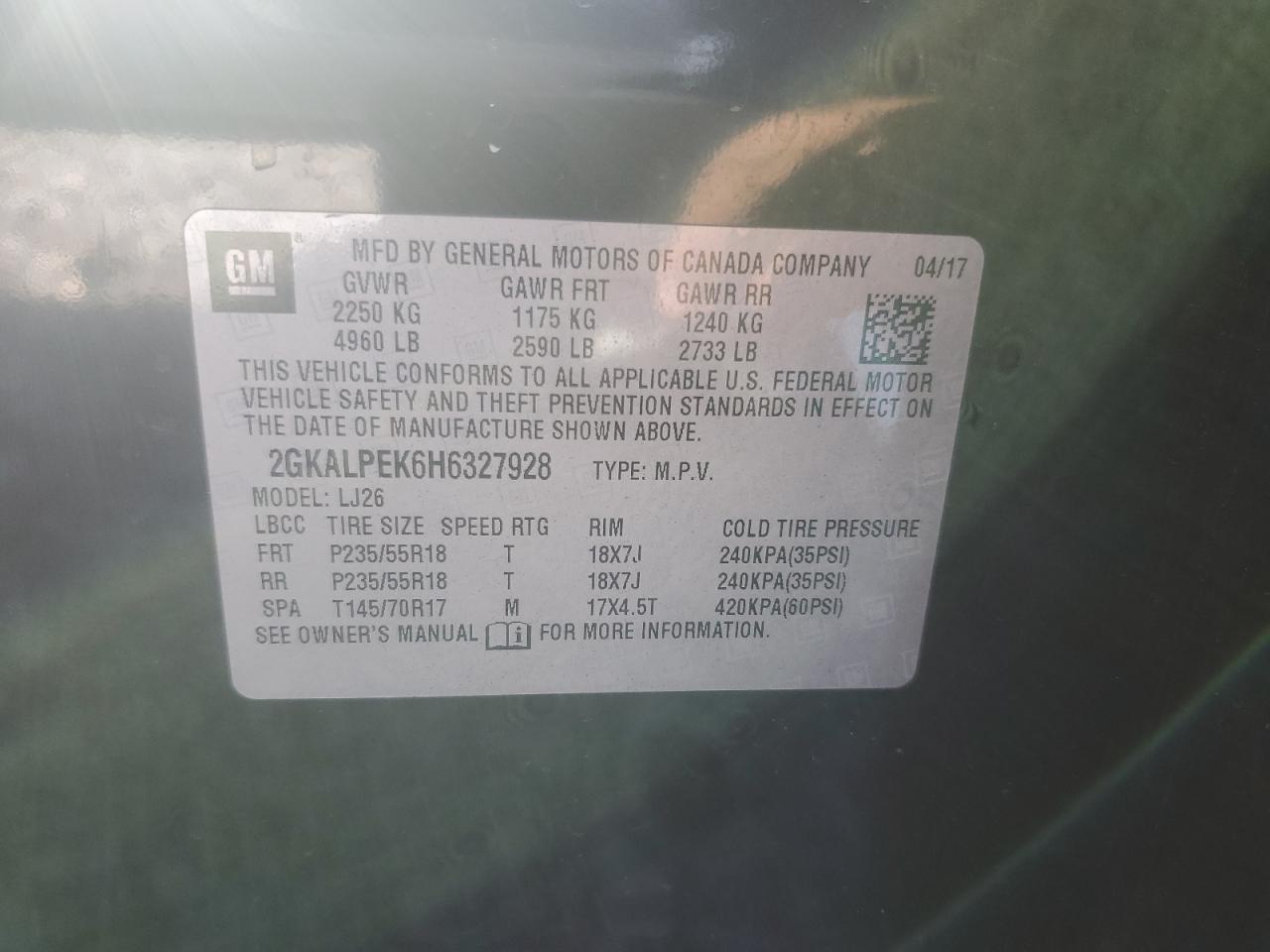 2017 GMC Terrain Slt VIN: 2GKALPEK6H6327928 Lot: 82637555