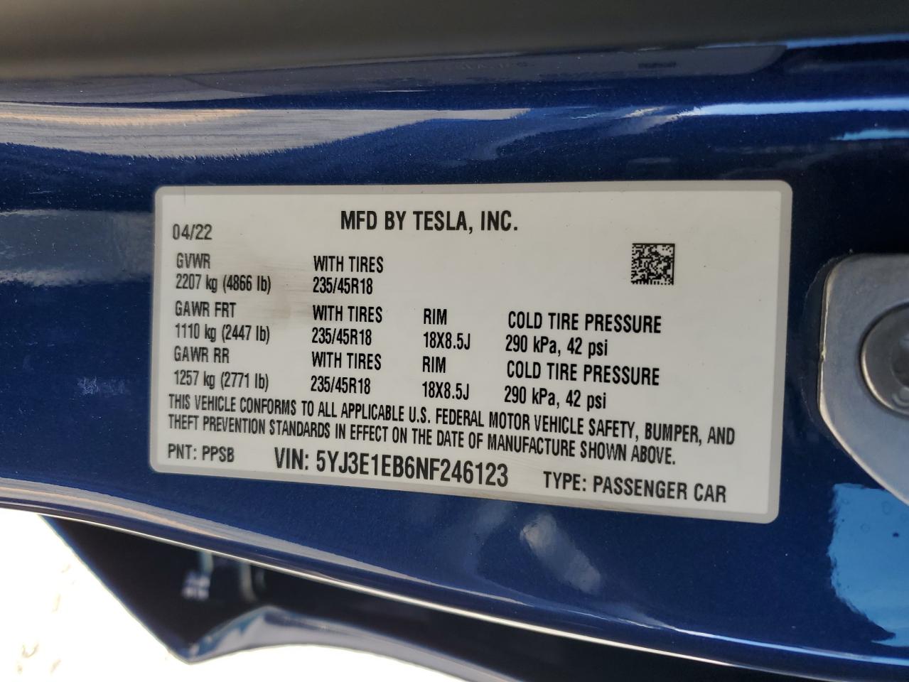 2022 Tesla Model 3 VIN: 5YJ3E1EB6NF246123 Lot: 84065485