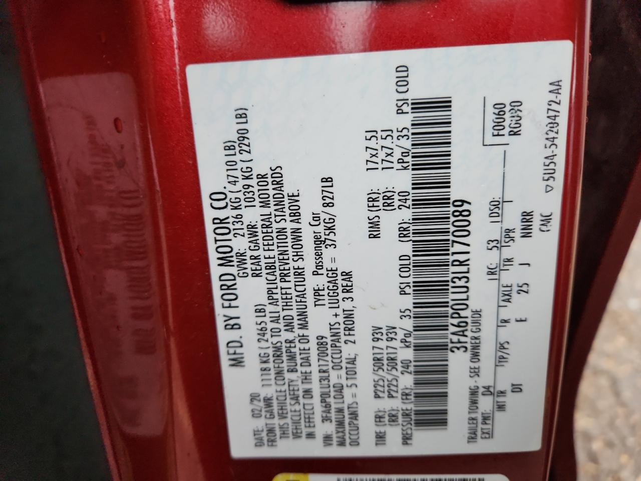 2020 Ford Fusion Se VIN: 3FA6P0LU3LR170089 Lot: 85956075