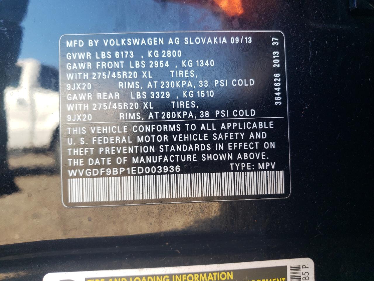 2014 Volkswagen Touareg V6 VIN: WVGDF9BP1ED003936 Lot: 87260325