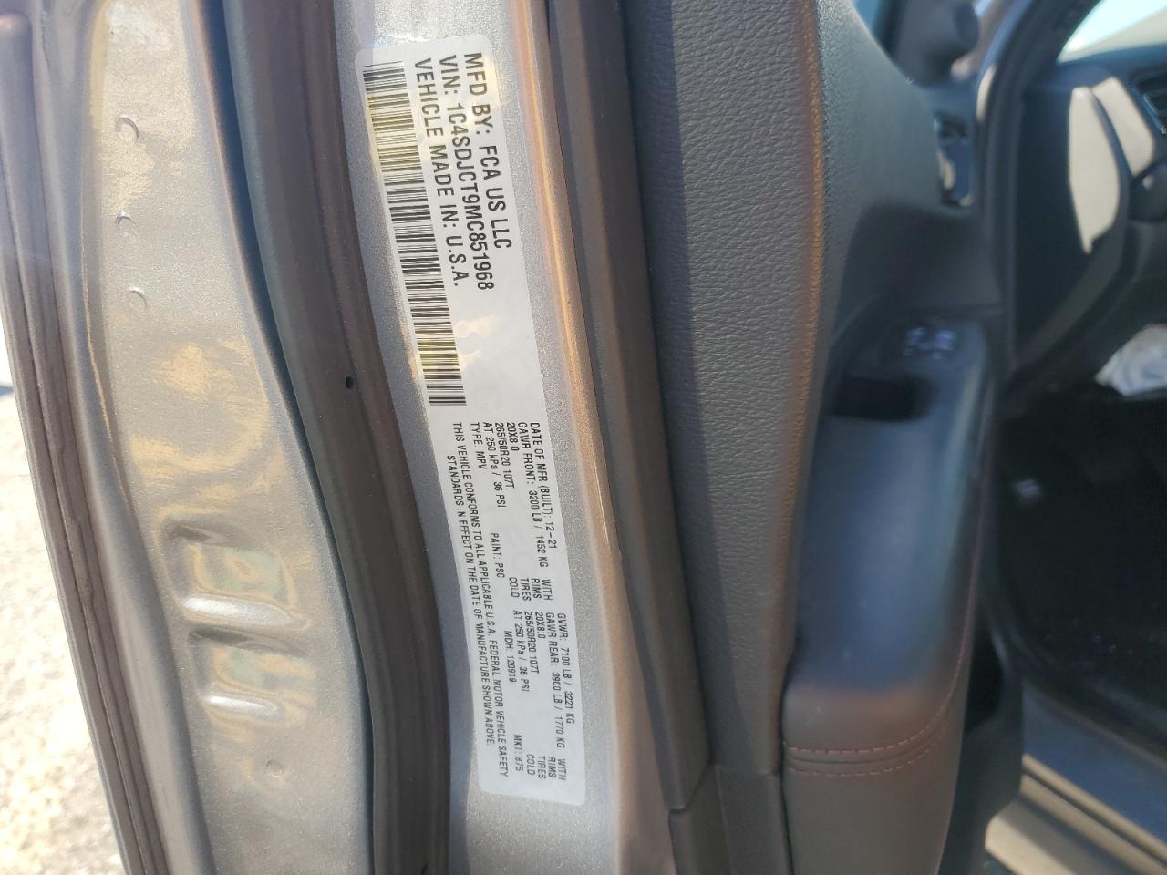 2021 Dodge Durango R/T VIN: 1C4SDJCT9MC851968 Lot: 82365485