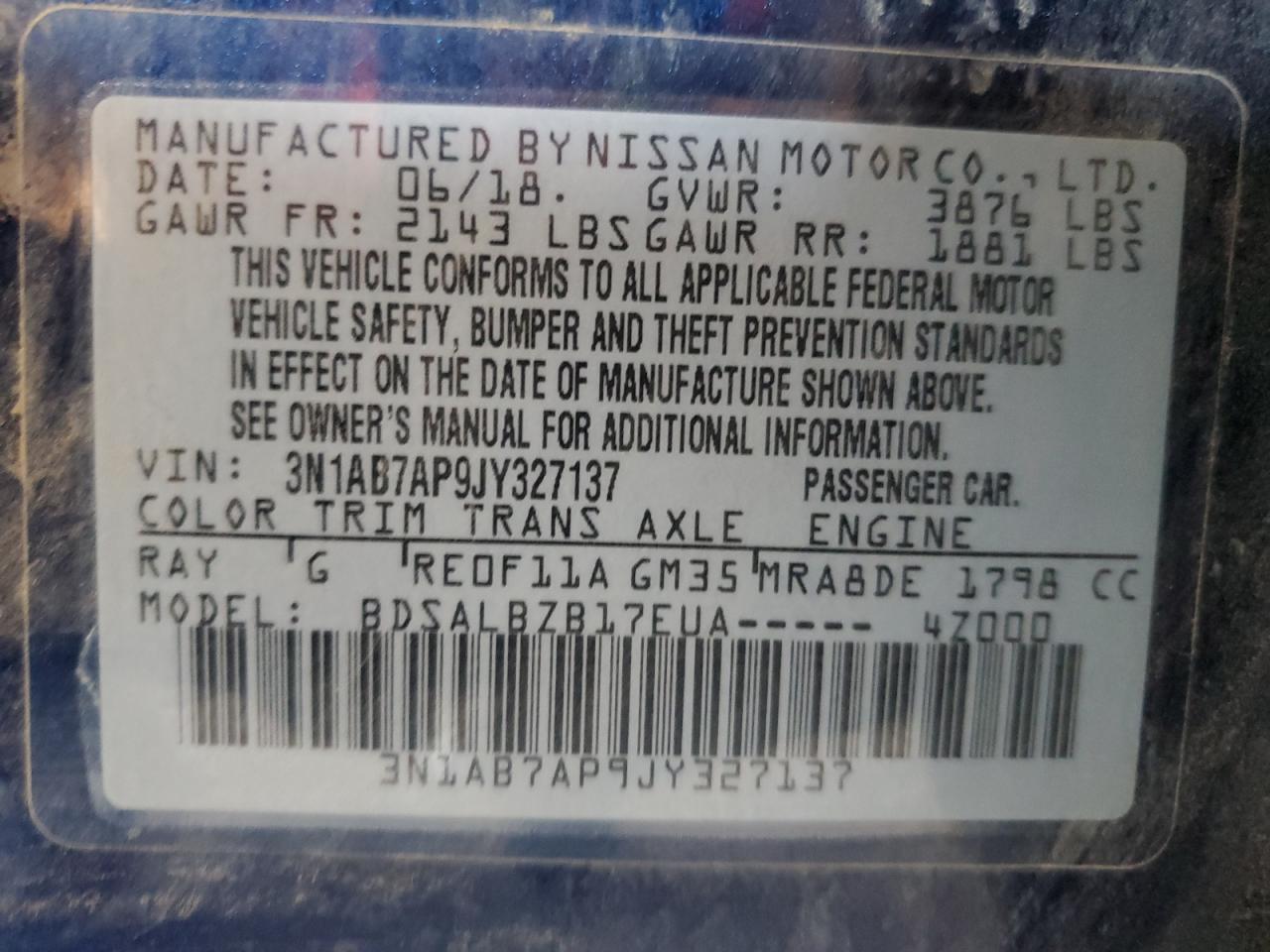 2018 Nissan Sentra S VIN: 3N1AB7AP9JY327137 Lot: 82595815