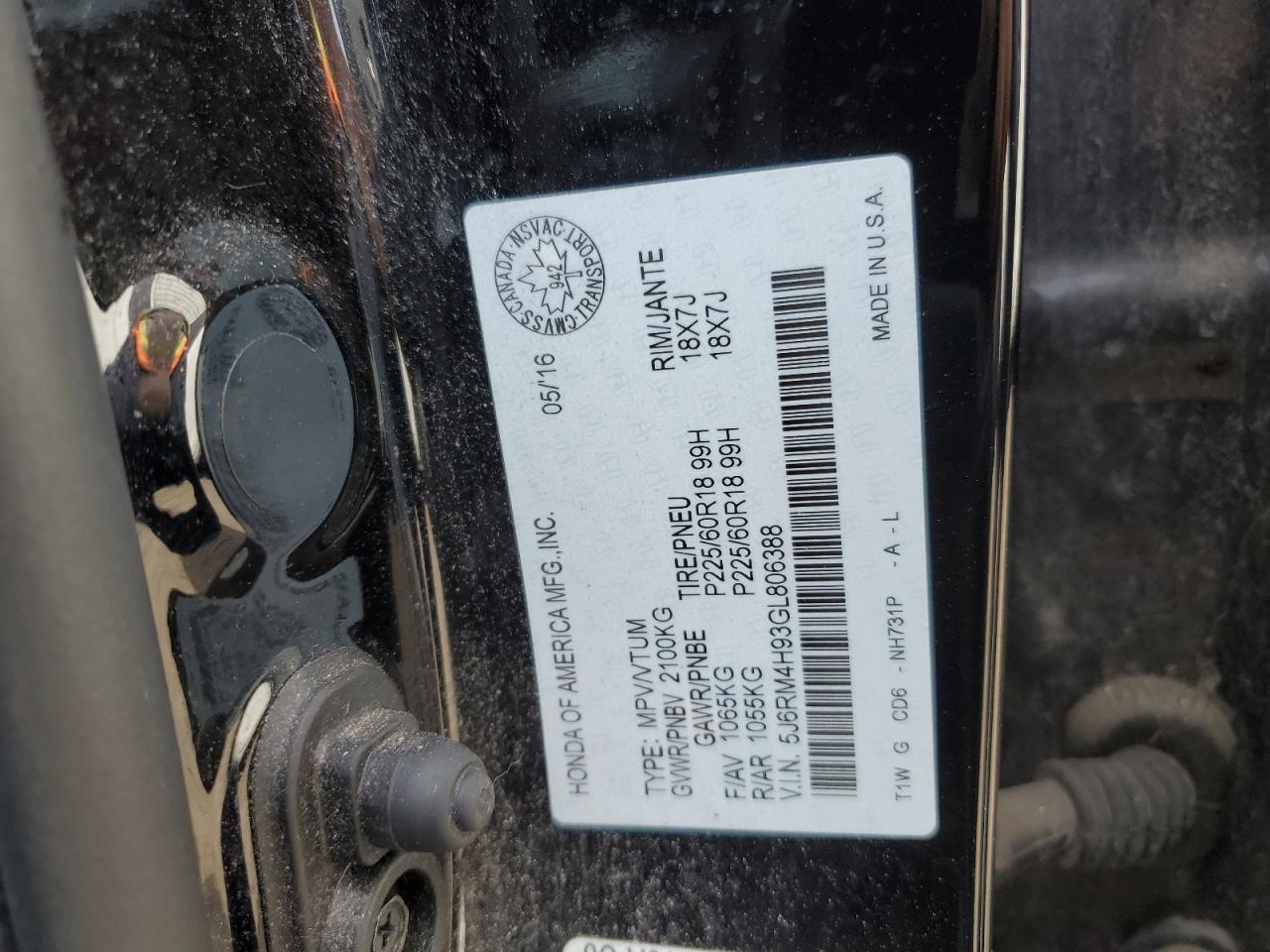 2016 Honda Cr-V Touring VIN: 5J6RM4H93GL806388 Lot: 84874075