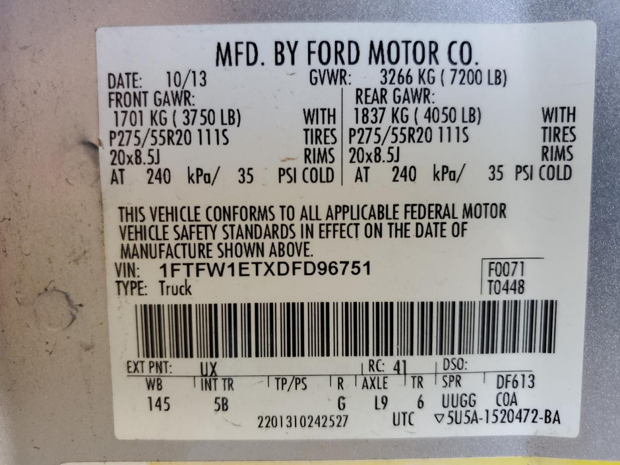 2013 Ford F150 Supercrew VIN: 1FTFW1ETXDFD96751 Lot: 81266835