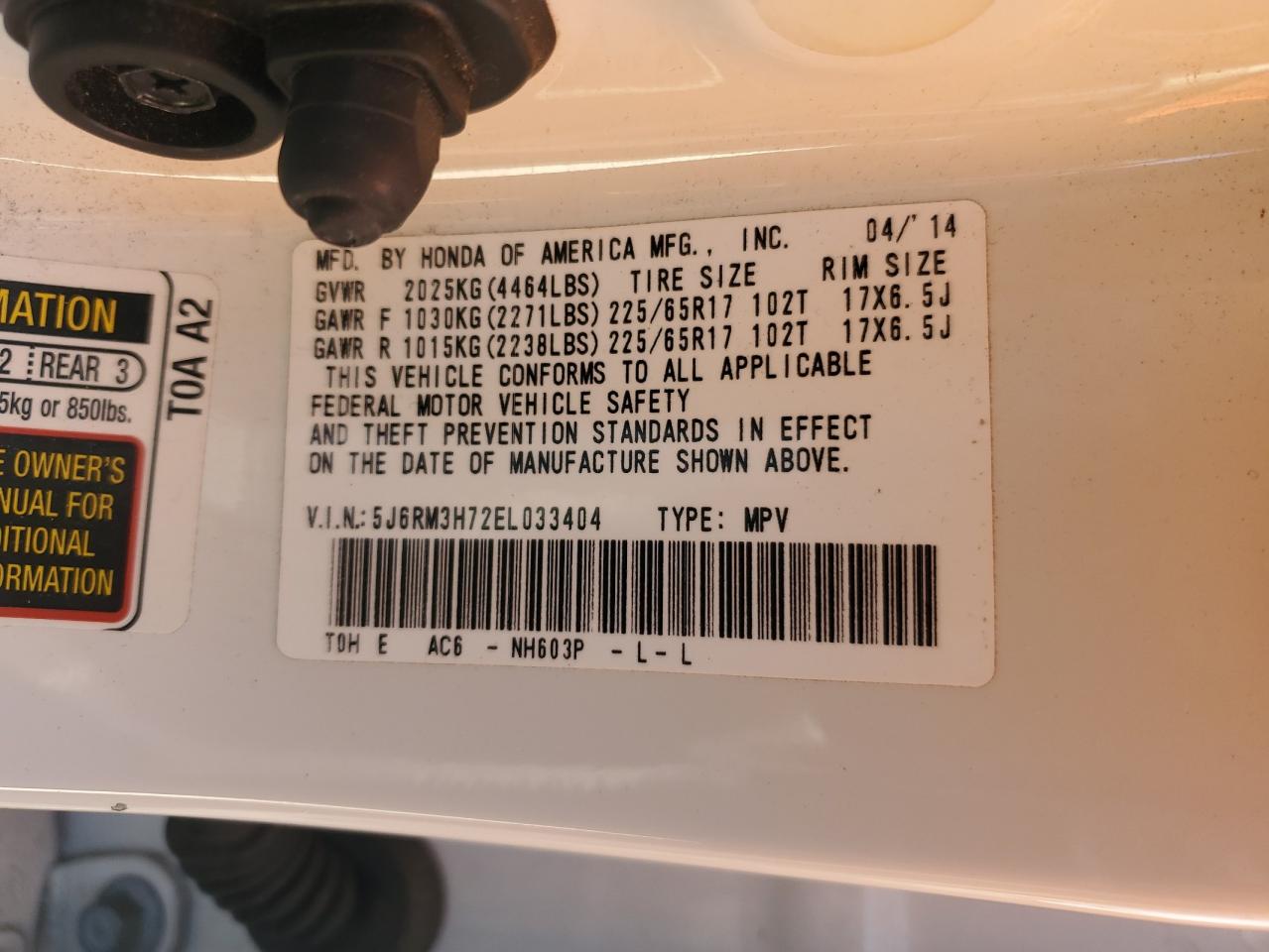 2014 Honda Cr-V Exl VIN: 5J6RM3H72EL033404 Lot: 87419785