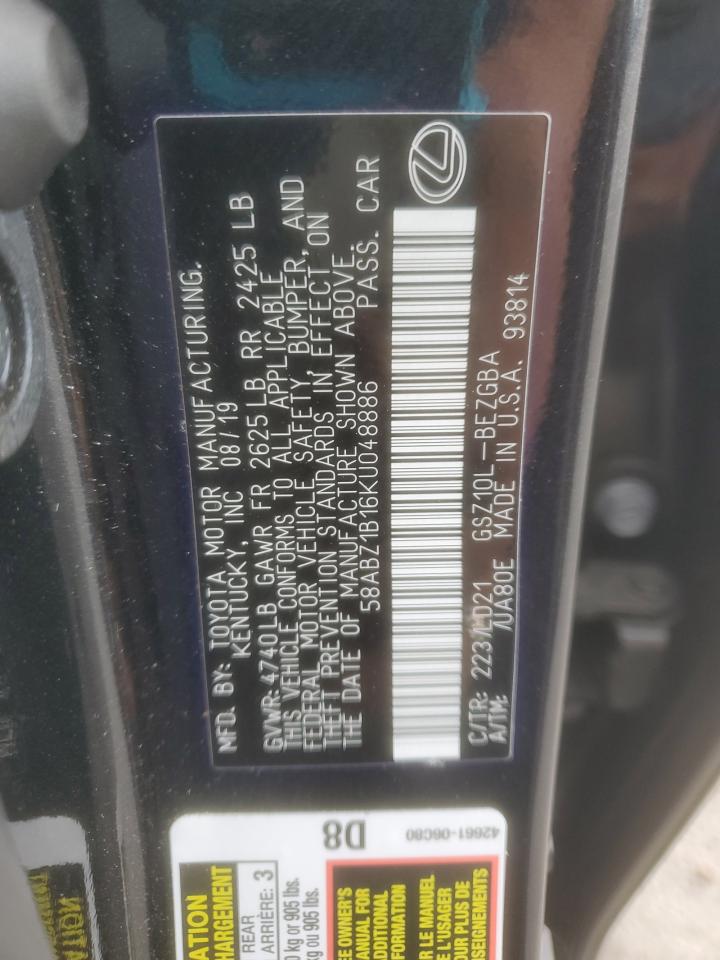 2019 Lexus Es 350 VIN: 58ABZ1B16KU048886 Lot: 85563155