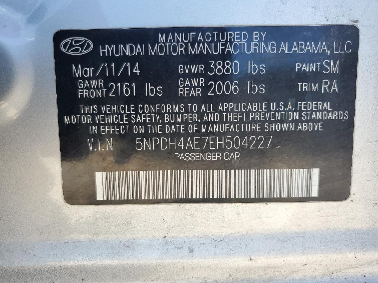 2014 Hyundai Elantra Se VIN: 5NPDH4AE7EH504227 Lot: 84730325