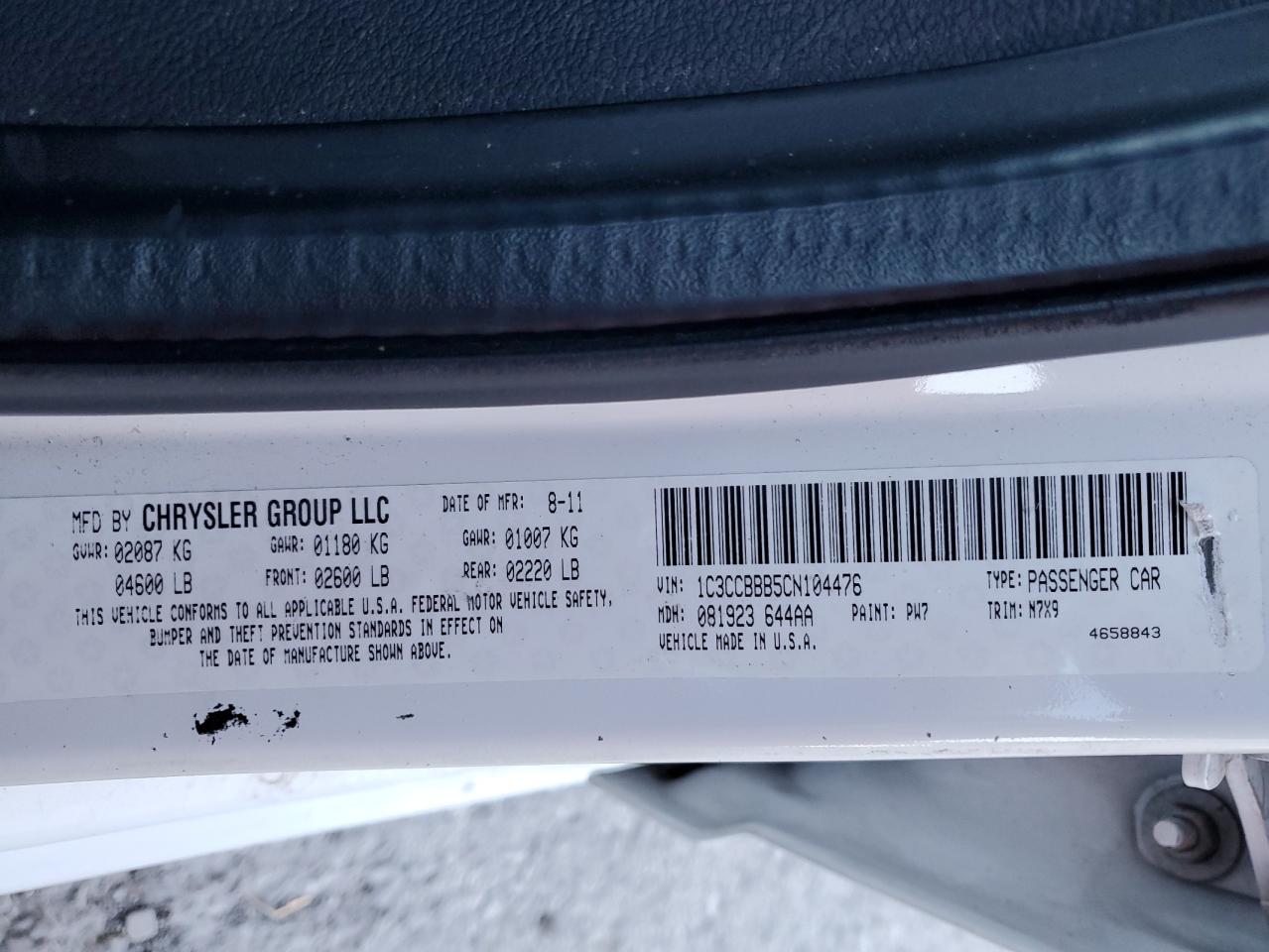 2012 Chrysler 200 Touring VIN: 1C3CCBBB5CN104476 Lot: 89724095