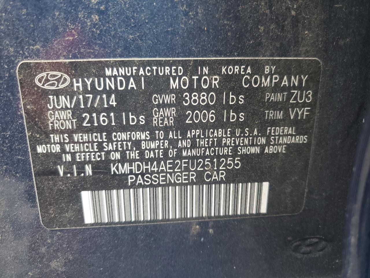 2015 Hyundai Elantra Se VIN: KMHDH4AE2FU251255 Lot: 86299995