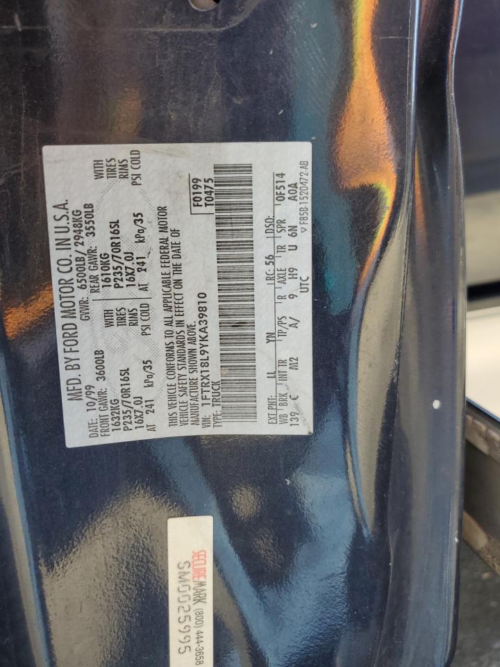 2000 Ford F150 VIN: 1FTRX18L9YKA39810 Lot: 85877565