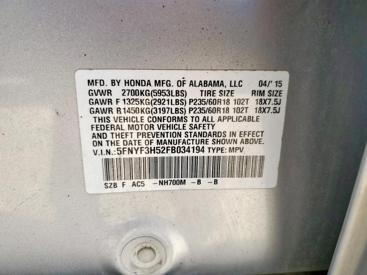 2015 Honda Pilot Exl VIN: 5FNYF3H52FB034194 Lot: 81980685