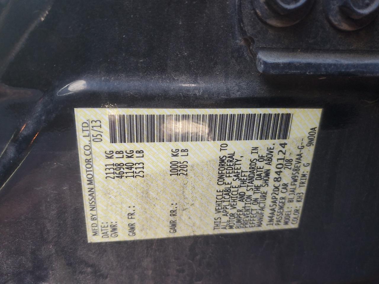 2013 Nissan Maxima S VIN: 1N4AA5AP2DC840124 Lot: 82486805