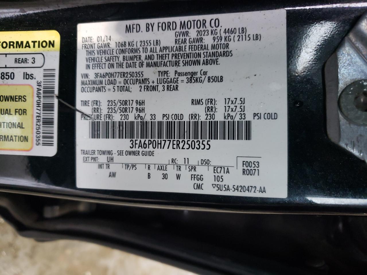 2014 Ford Fusion Se VIN: 3FA6P0H77ER250355 Lot: 85961495