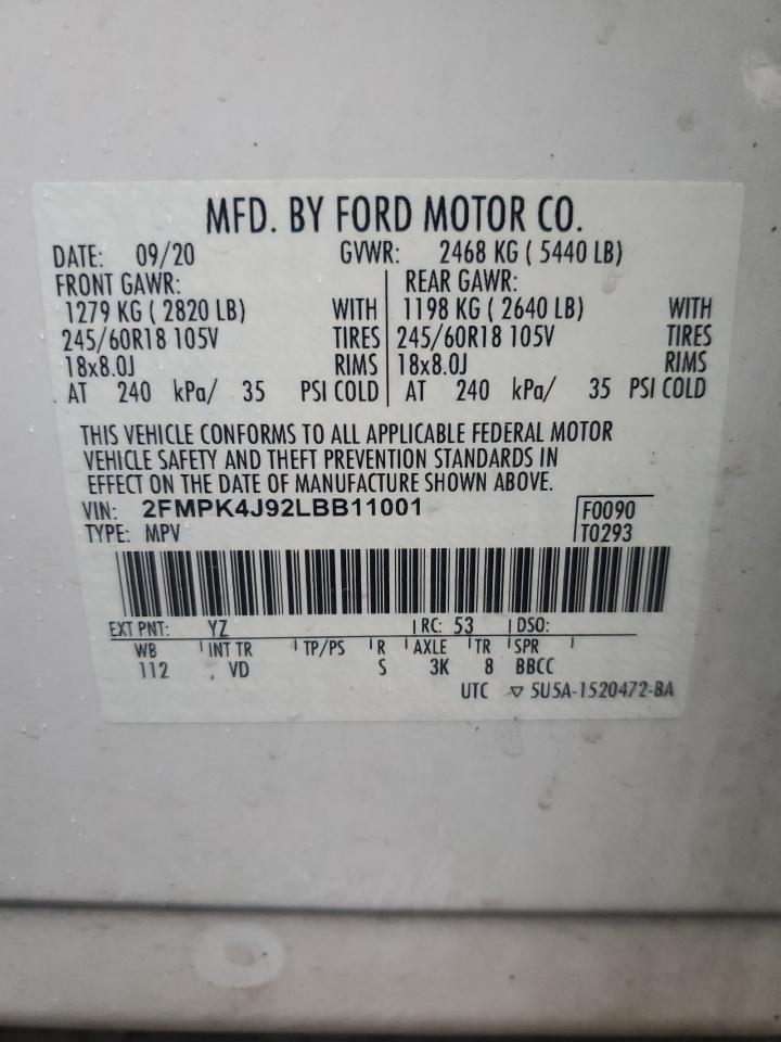 2020 Ford Edge Sel VIN: 2FMPK4J92LBB11001 Lot: 90321215