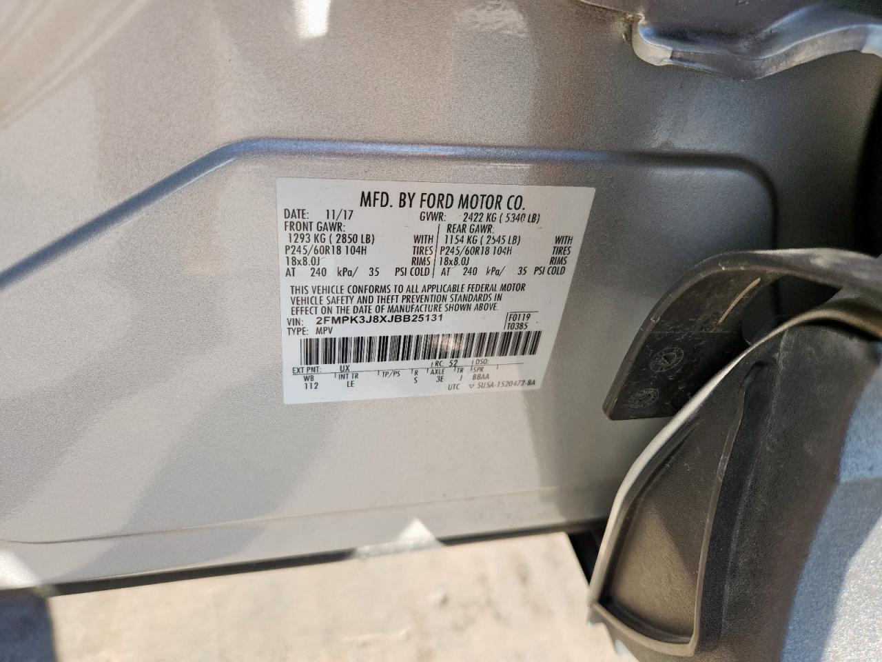 2018 Ford Edge Sel VIN: 2FMPK3J8XJBB25131 Lot: 82194445