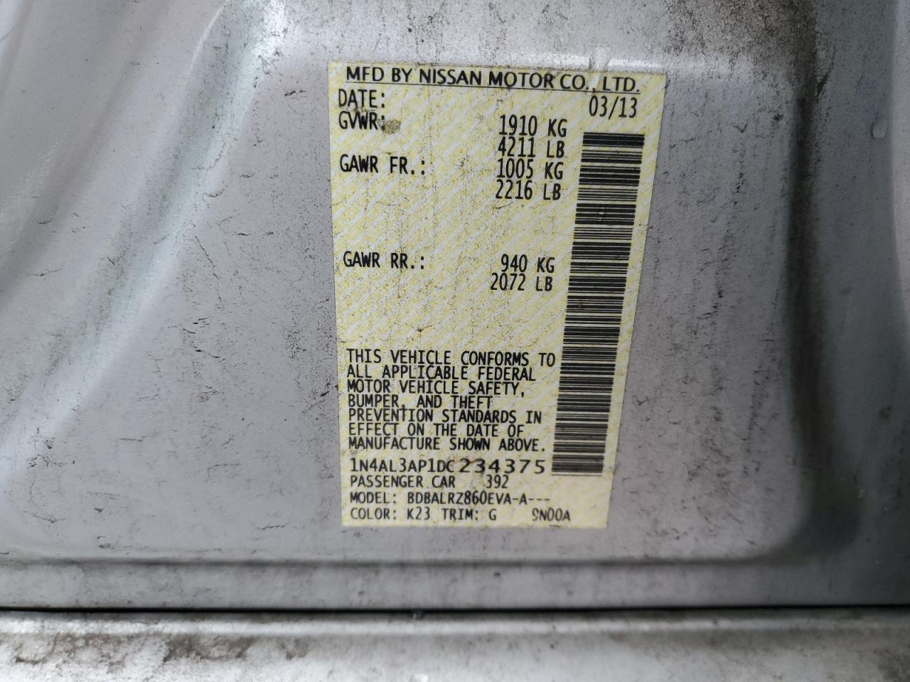 2013 Nissan Altima 2.5 VIN: 1N4AL3AP1DC234375 Lot: 86276795