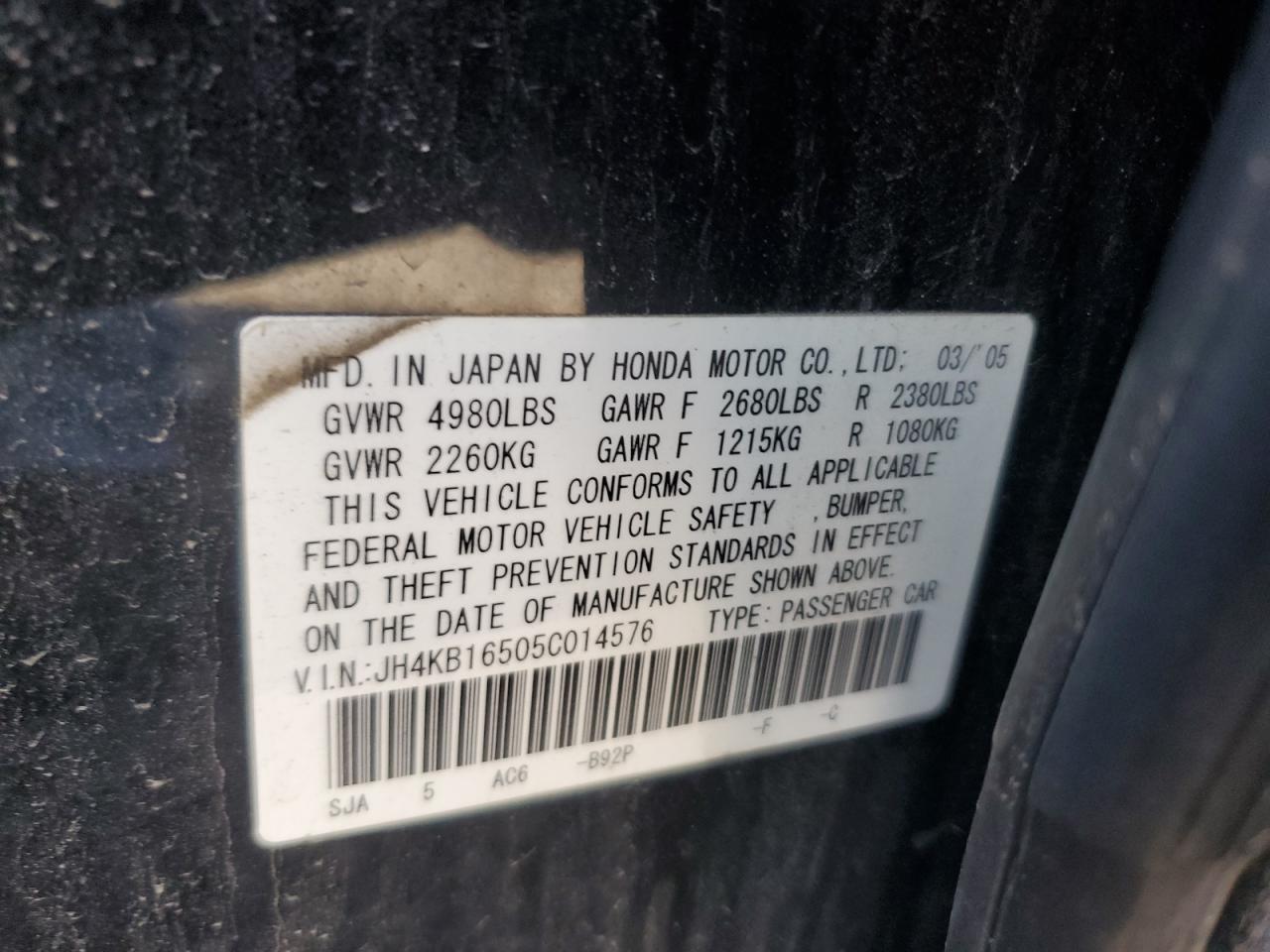 2005 Acura Rl VIN: JH4KB16505C014576 Lot: 87039005