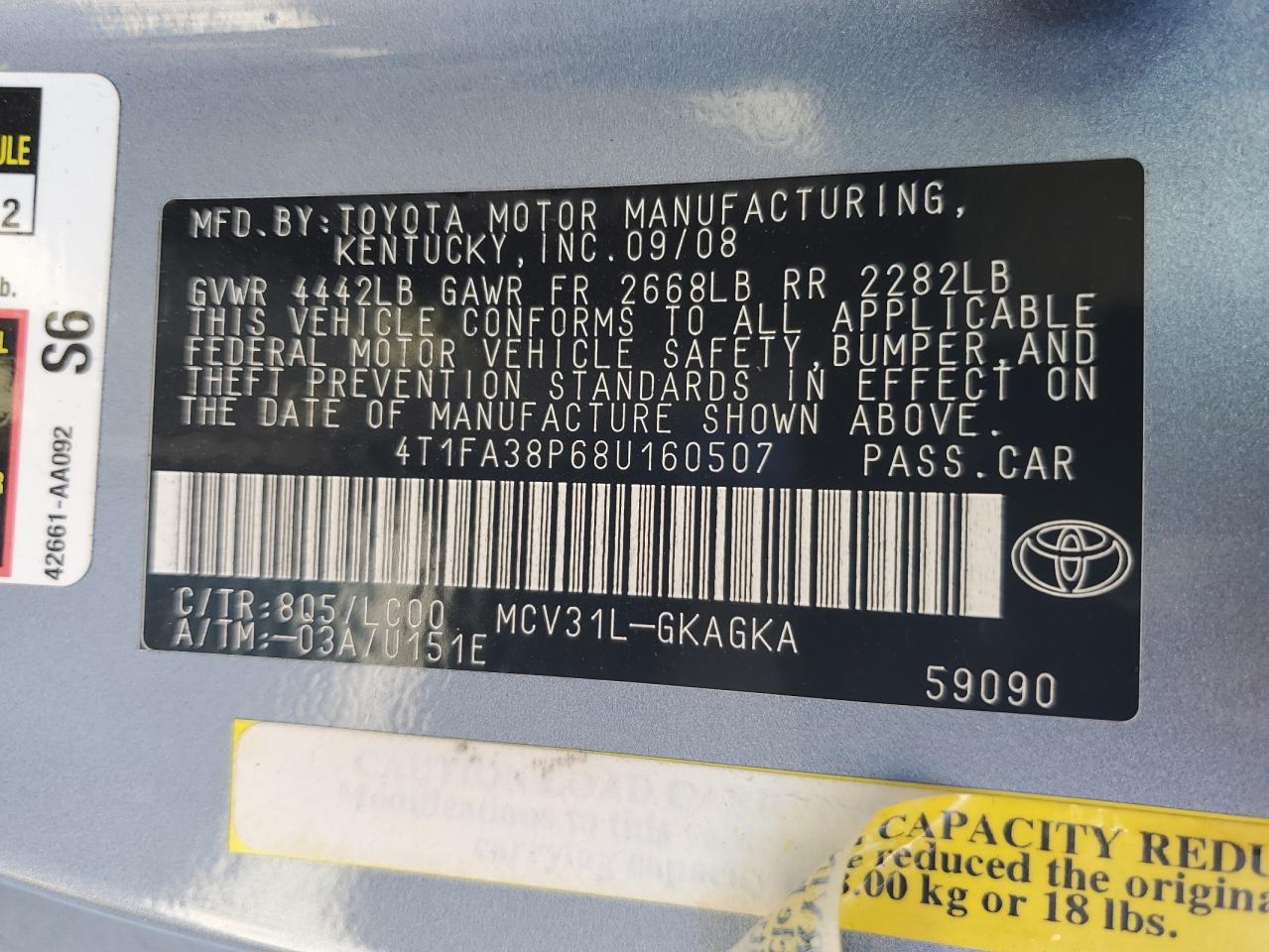 2008 Toyota Camry Solara Se VIN: 4T1FA38P68U160507 Lot: 84887145