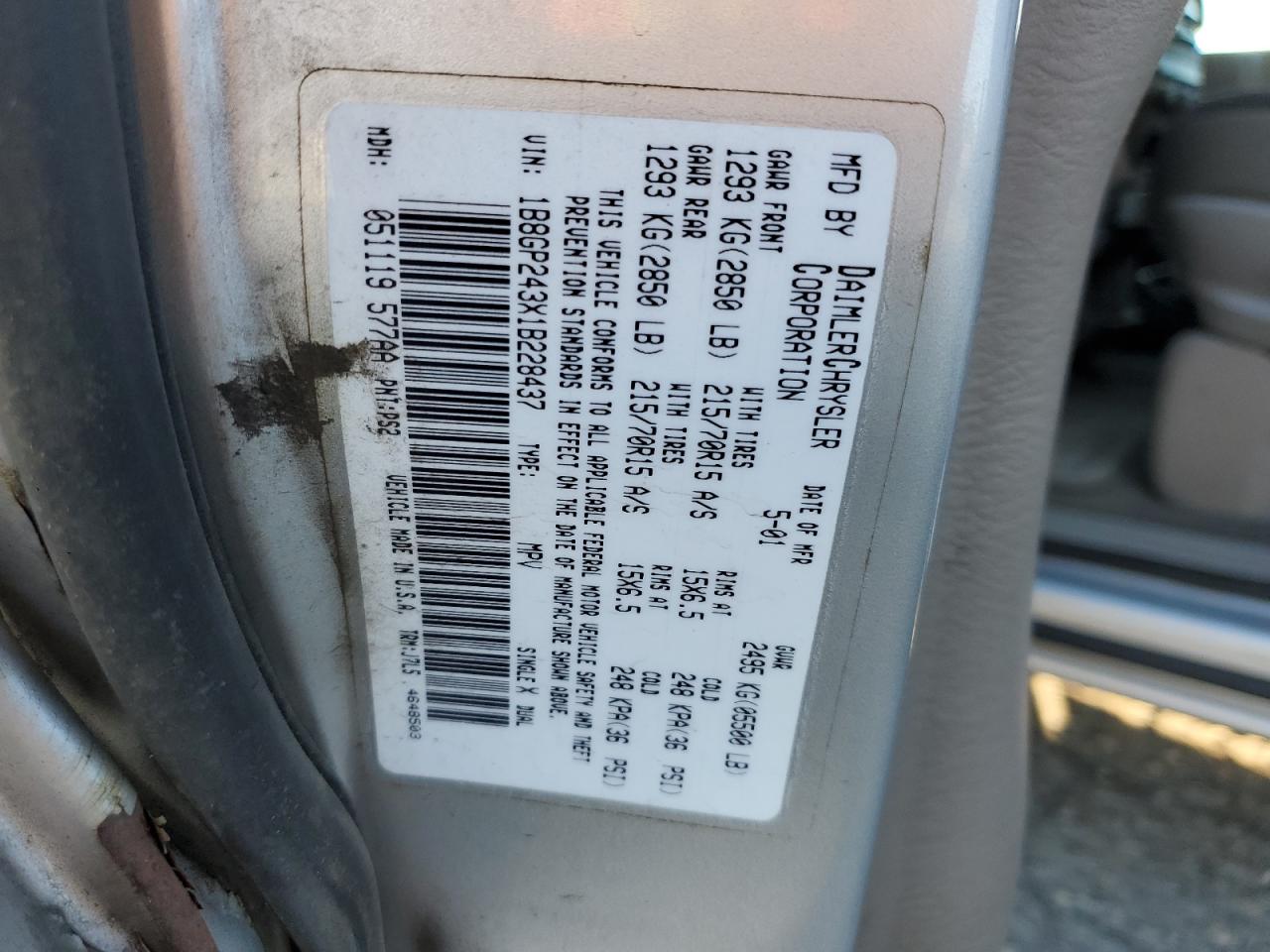 2001 Dodge Grand Caravan Se VIN: 1B8GP243X1B228437 Lot: 86856515