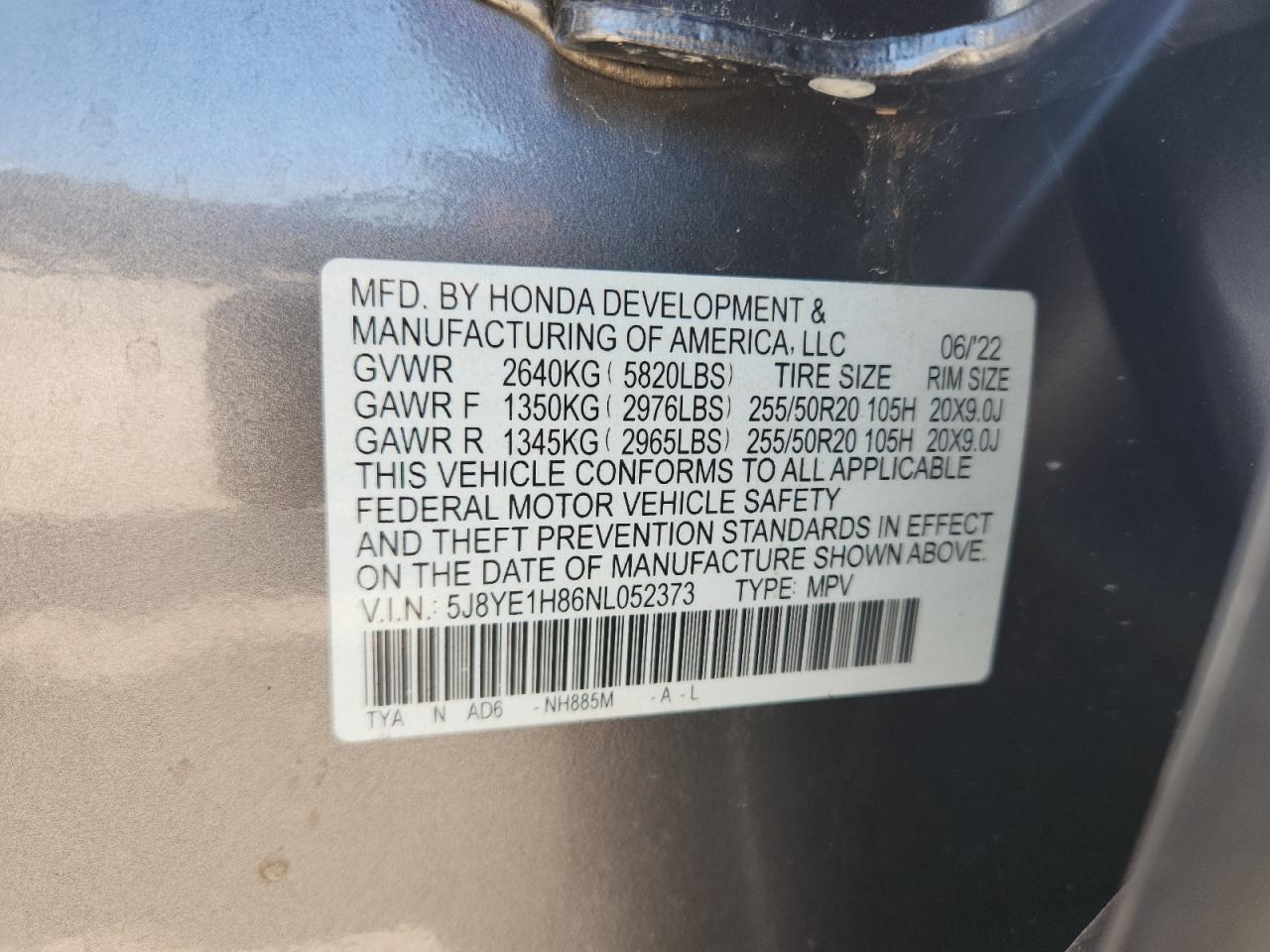 2022 Acura Mdx Advance VIN: 5J8YE1H86NL052373 Lot: 82394895