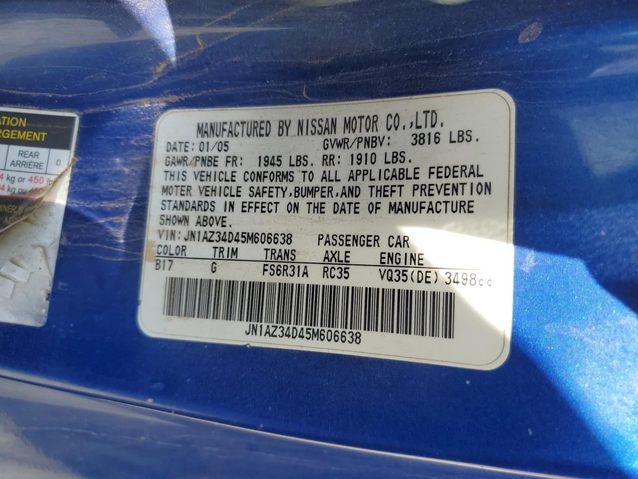2005 Nissan 350Z Coupe VIN: JN1AZ34D45M606638 Lot: 82394705