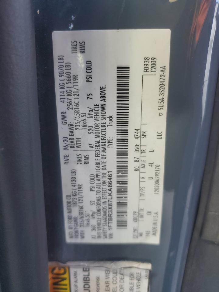 2020 Ford Transit T-250 VIN: 1FTBR3X87LKA86461 Lot: 84749835