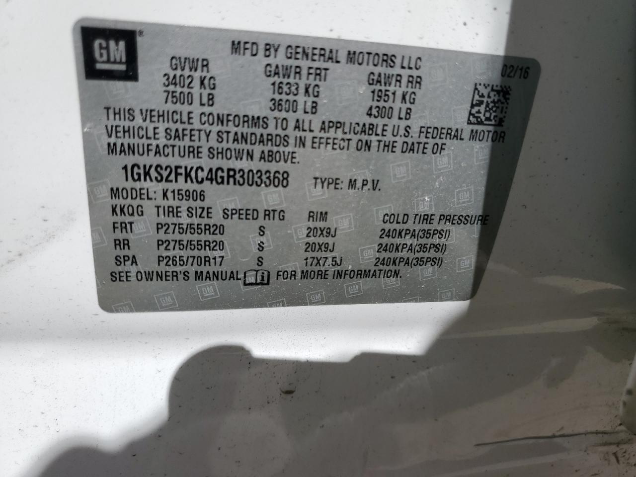 2016 GMC Yukon Xl K1500 Sle VIN: 1GKS2FKC4GR303368 Lot: 85346775