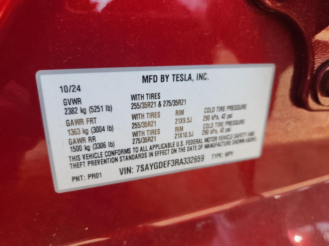 2024 Tesla Model Y VIN: 7SAYGDEF3RA332659 Lot: 86792325