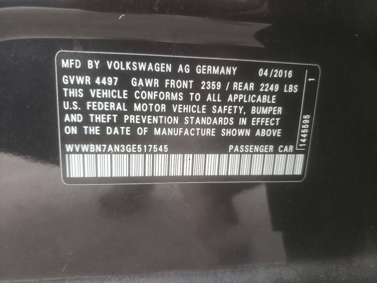 2016 Volkswagen Cc Base VIN: WVWBN7AN3GE517545 Lot: 82515535