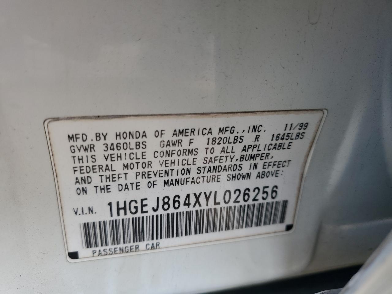 2000 Honda Civic Ex VIN: 1HGEJ864XYL026256 Lot: 85294665