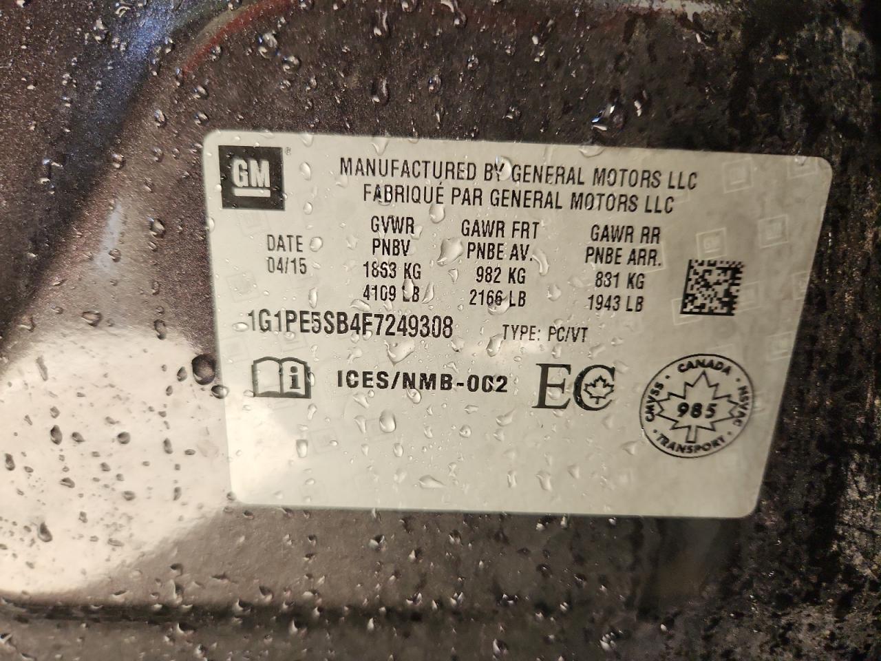 2015 Chevrolet Cruze Lt VIN: 1G1PE5SB4F7249308 Lot: 84873415