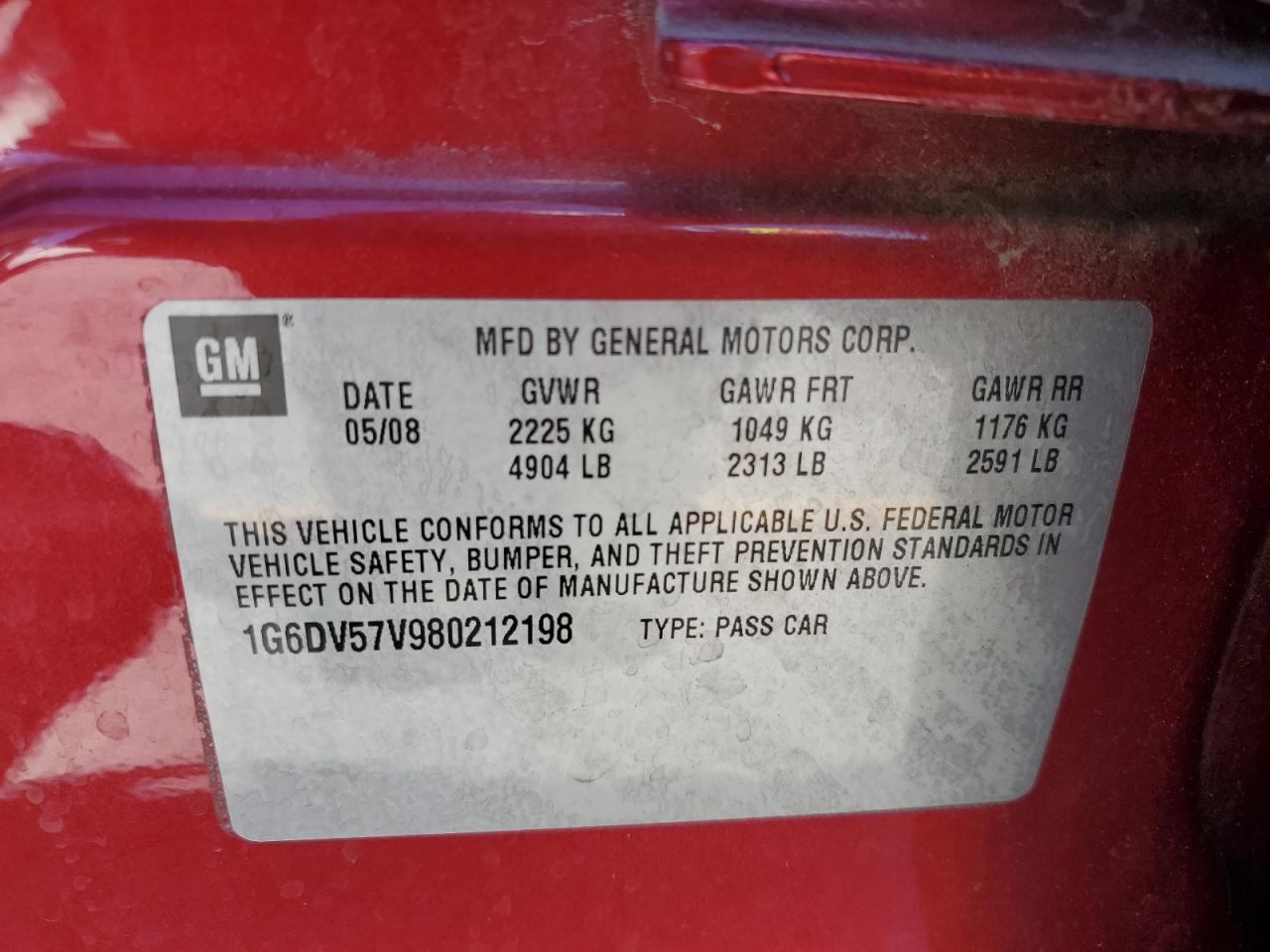 2008 Cadillac Cts Hi Feature V6 VIN: 1G6DV57V980212198 Lot: 87032625