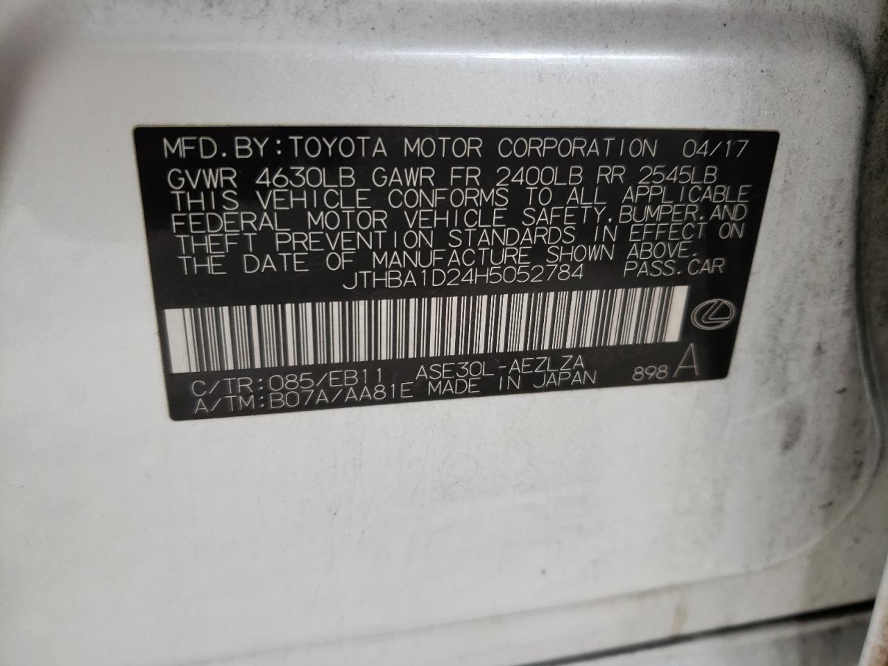 2017 Lexus Is 200T VIN: JTHBA1D24H5052784 Lot: 85191725