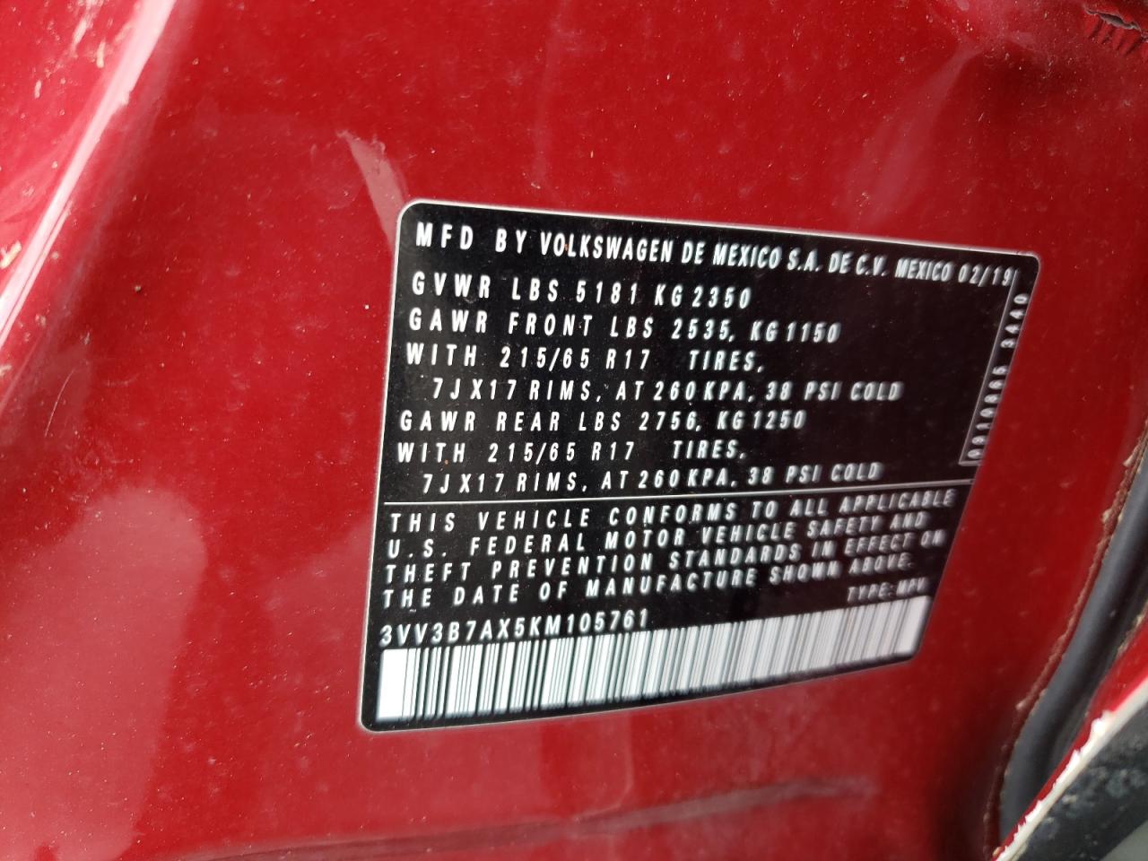 2019 Volkswagen Tiguan Se VIN: 3VV3B7AX5KM105761 Lot: 86092315