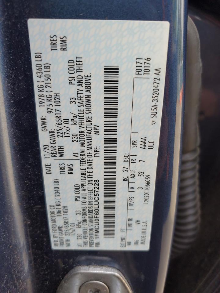 2020 Ford Escape S VIN: 1FMCU0F60LUC57228 Lot: 85907305