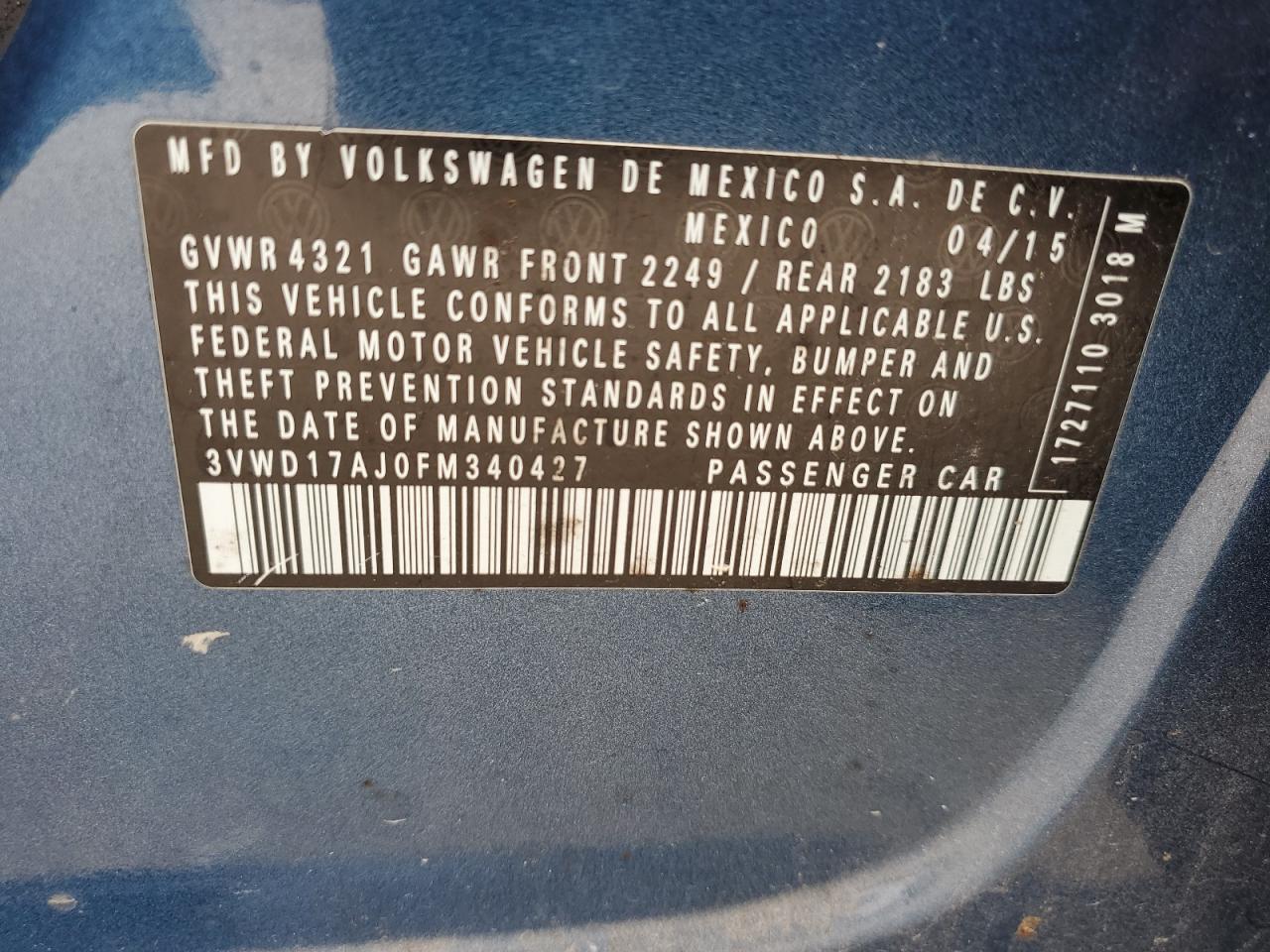 2015 Volkswagen Jetta Se VIN: 3VWD17AJ0FM340427 Lot: 85117955