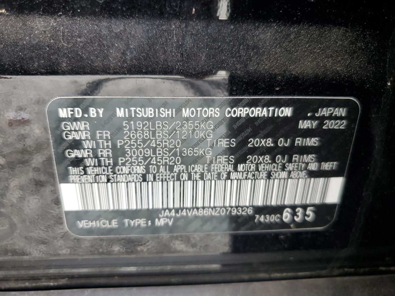 2022 Mitsubishi Outlander Sel VIN: JA4J4VA86NZ079326 Lot: 85482425