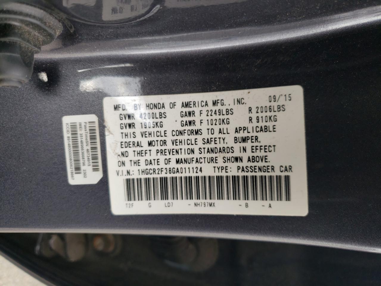 2016 Honda Accord Lx VIN: 1HGCR2F38GA011124 Lot: 85478135