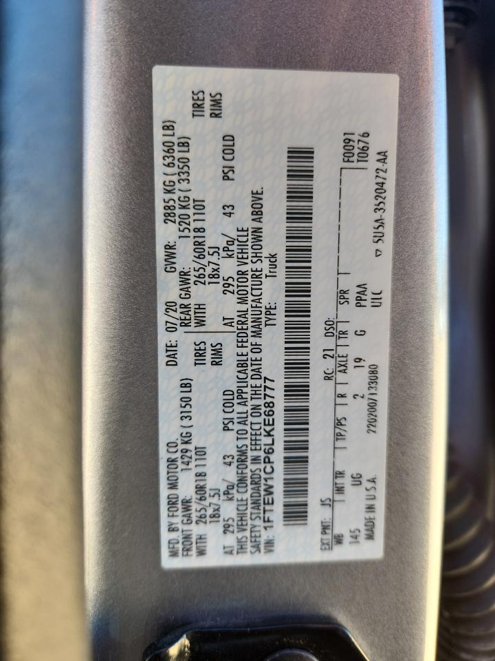 2020 Ford F150 Supercrew VIN: 1FTEW1CP6LKE68777 Lot: 86657375