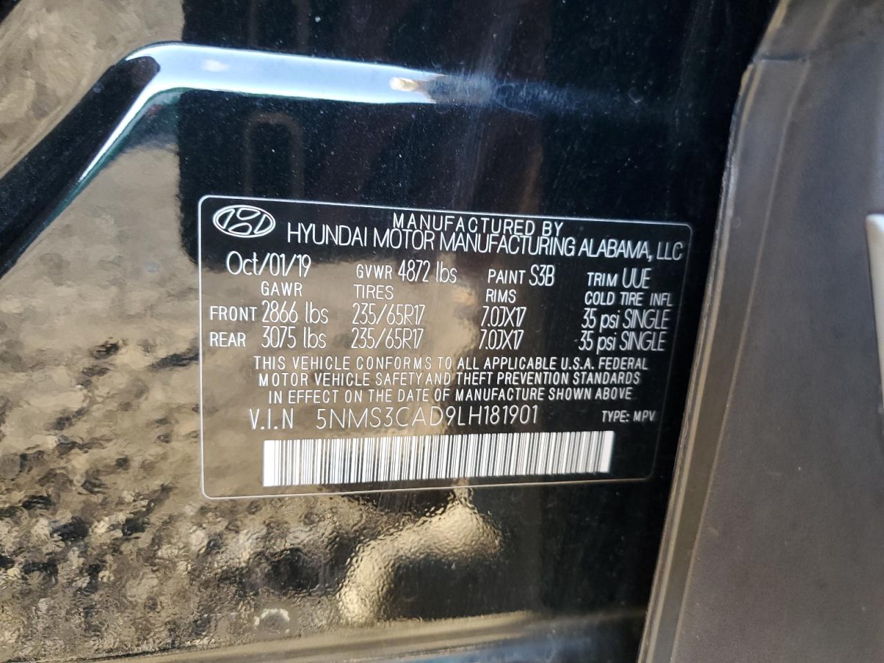 2020 Hyundai Santa Fe Sel VIN: 5NMS3CAD9LH181901 Lot: 85857485