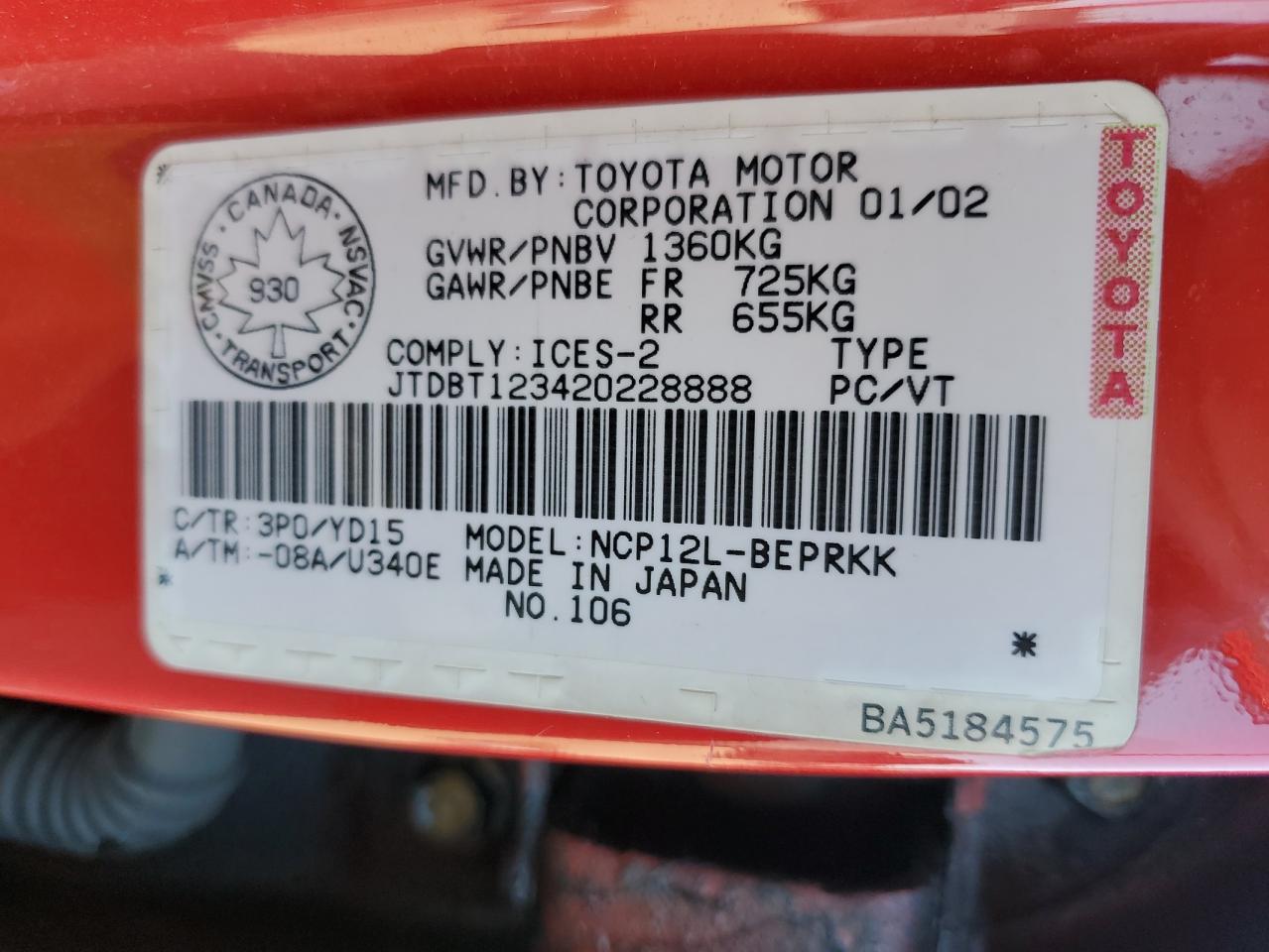 2002 Toyota Echo VIN: JTDBT123420228888 Lot: 90092275