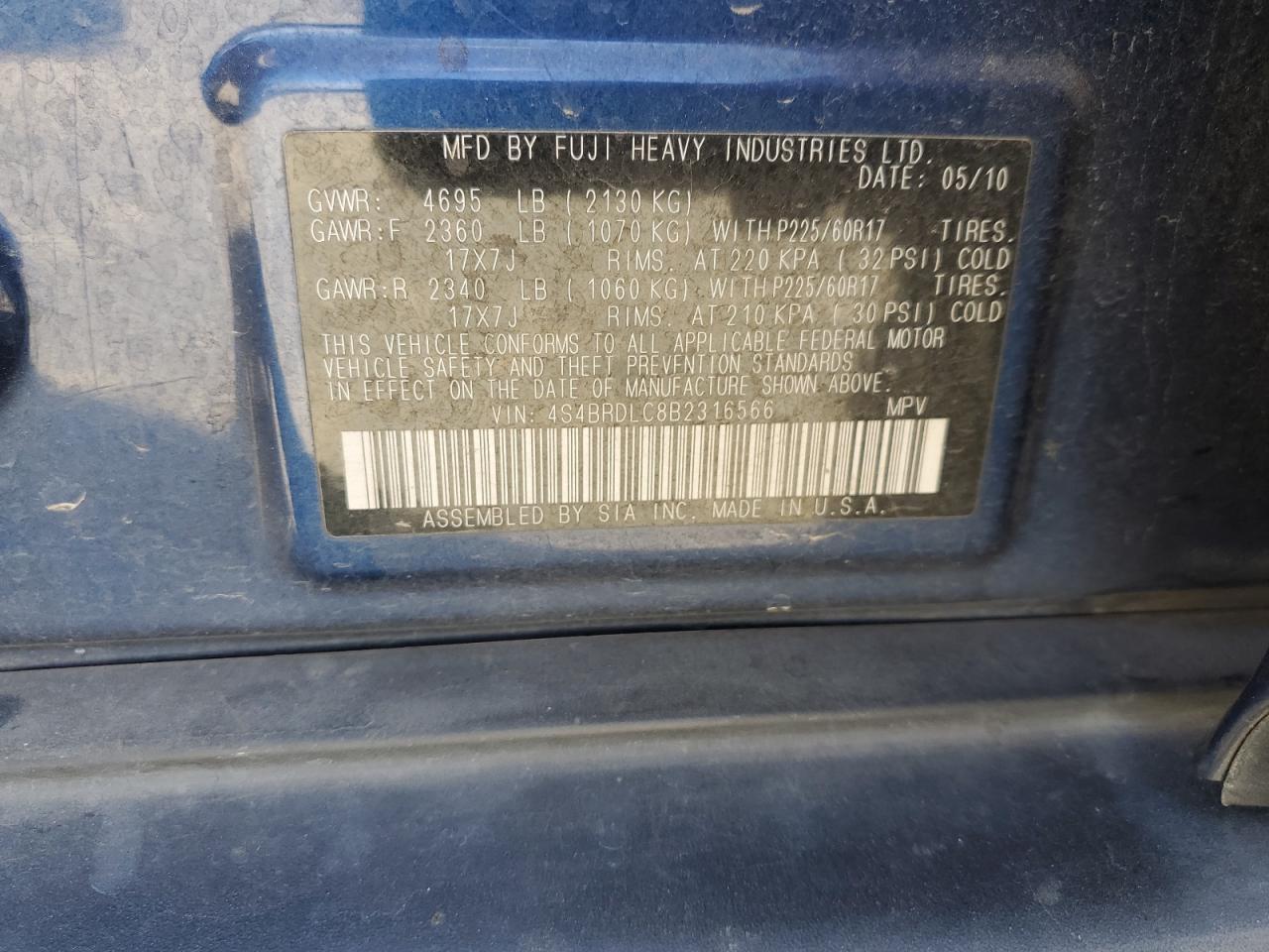 2011 Subaru Outback 3.6R Limited VIN: 4S4BRDLC8B2316566 Lot: 86056055