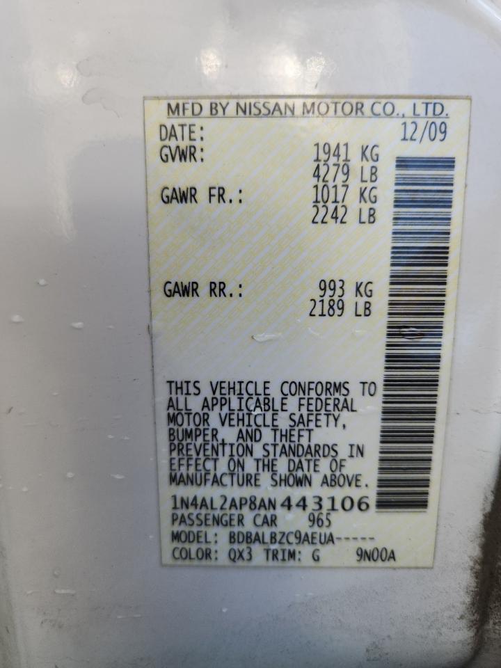 2010 Nissan Altima Base VIN: 1N4AL2AP8AN443106 Lot: 84582385