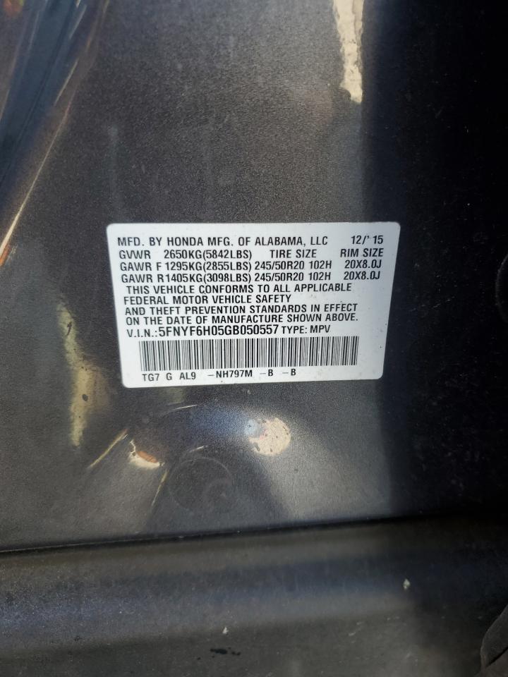 2016 Honda Pilot Elite VIN: 5FNYF6H05GB050557 Lot: 85343595