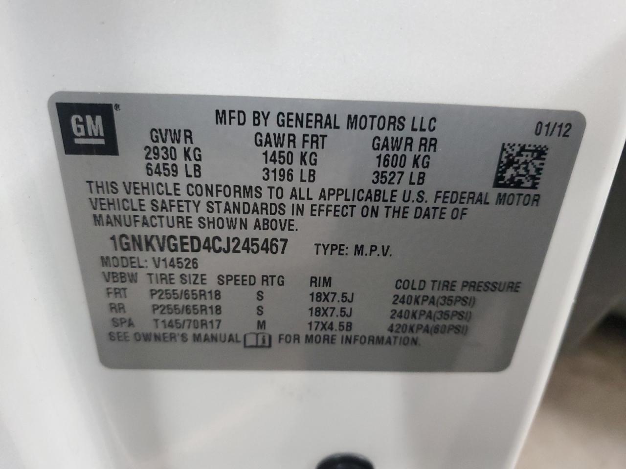 2012 Chevrolet Traverse Lt VIN: 1GNKVGED4CJ245467 Lot: 81915835